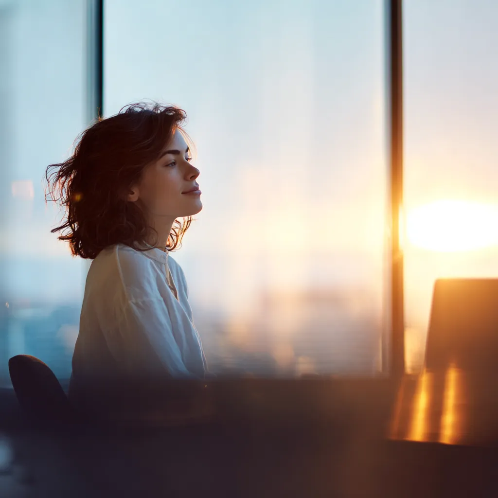 businesswoman at desk by window