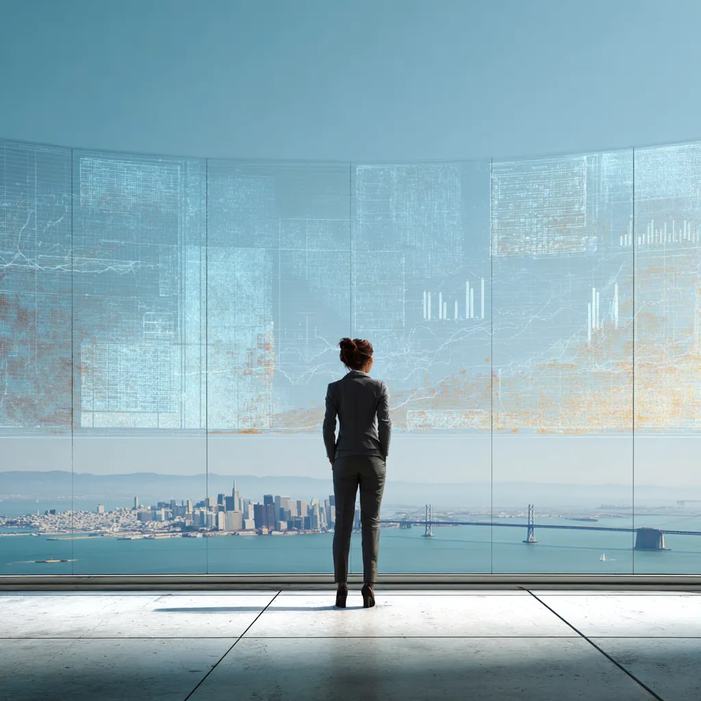 modern professional woman looking out a corporate window